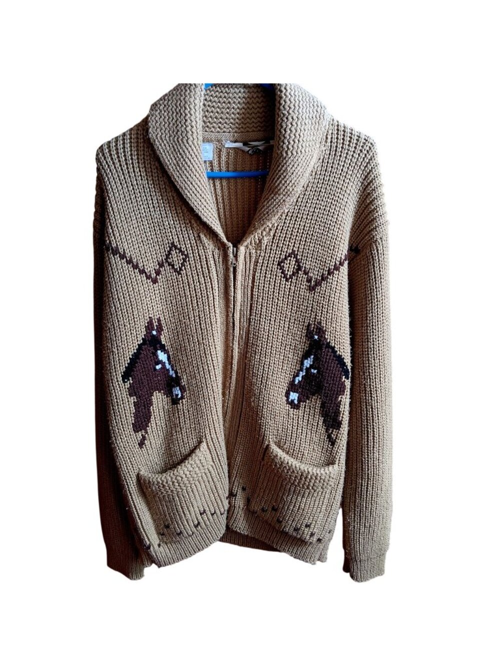 Large Vintage Miller Western Horse Cardigan Cowichan Sweater Zip Shawl Collar
